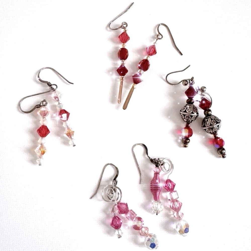Swarovski Crystal Beaded Earrings Bundle of Four Pink, Red, Coral